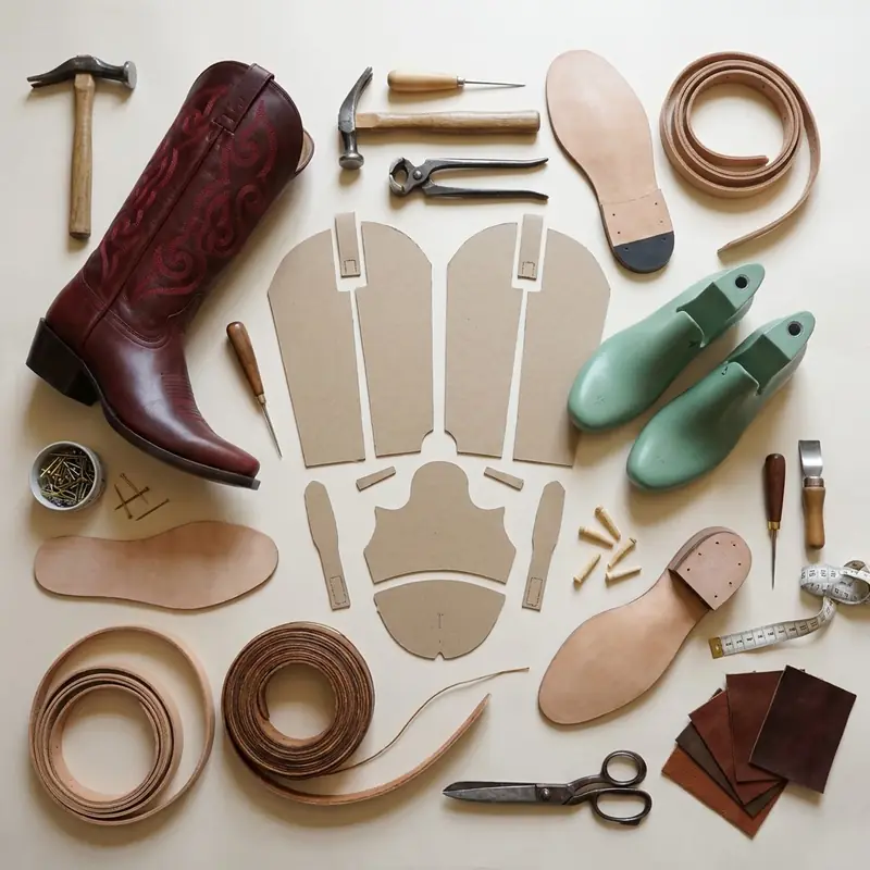 Western boot with bootmaking tools, lasts, leather and pattern pieces