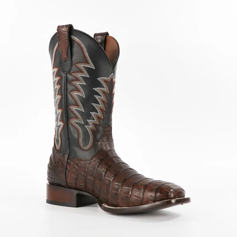 OAK square-toe western boot with an exotic leather vamp and embroidered black shaft